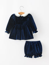 Girls Christmas Navy Velvet Smocked Top And Bloomers Outfit - Rylee Faith Designs - Flyclothing LLC