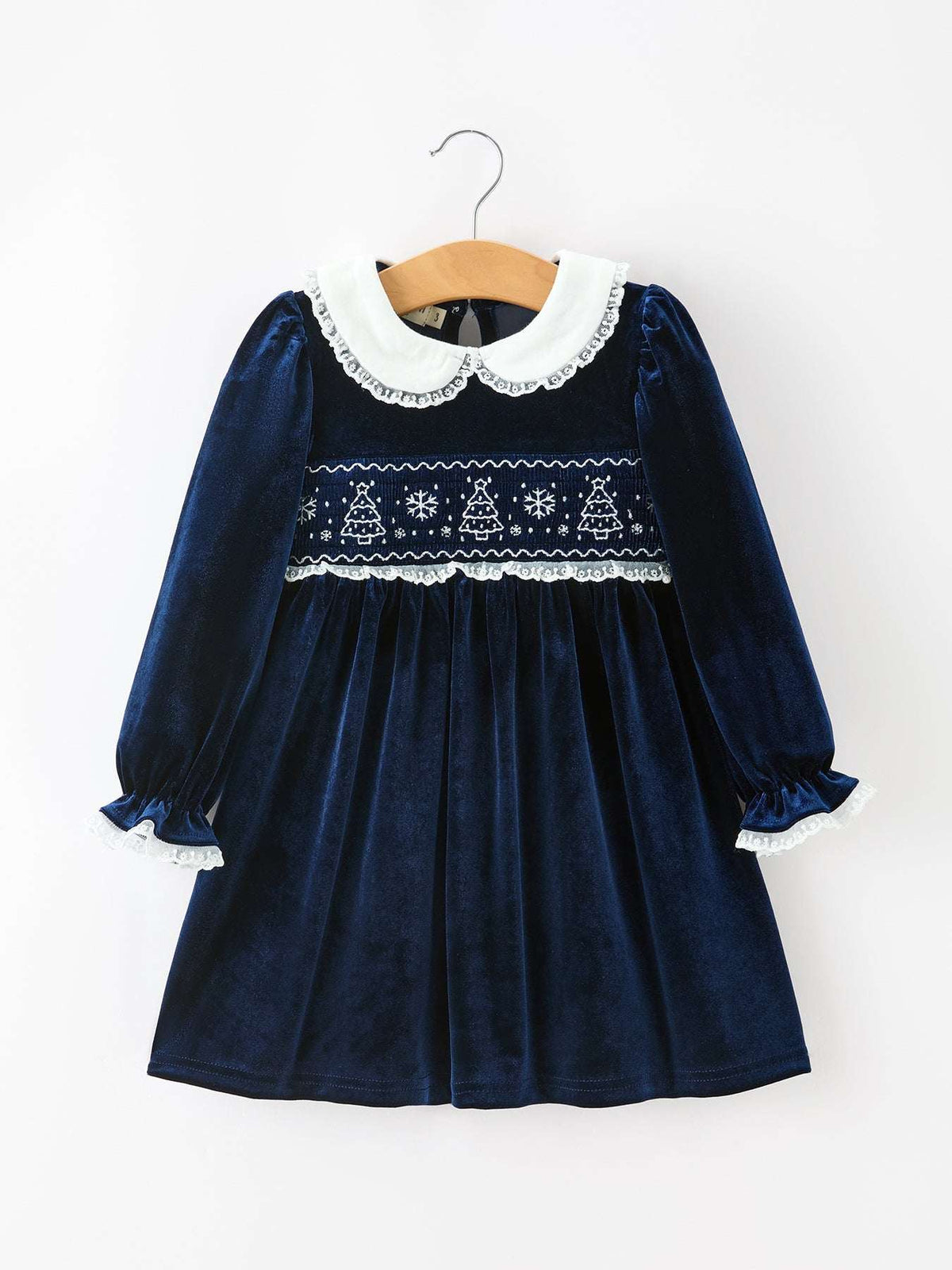 Christmas Tree Girls Navy Velvet Smocked Lace Dress - Rylee Faith Designs - Flyclothing LLC