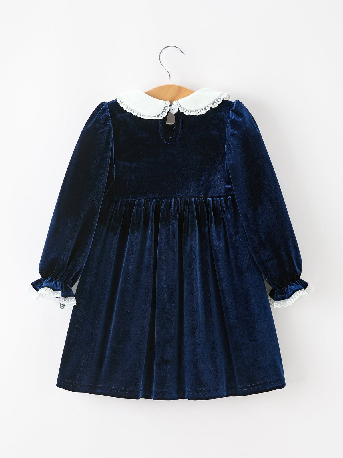 Christmas Tree Girls Navy Velvet Smocked Lace Dress - Rylee Faith Designs - Flyclothing LLC