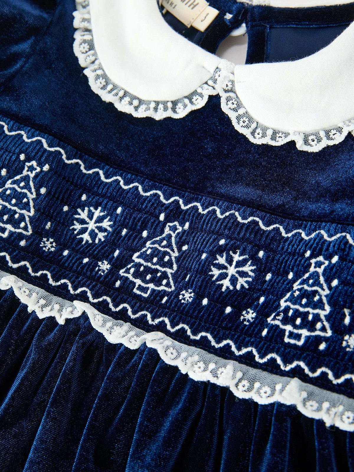 Christmas Tree Girls Navy Velvet Smocked Lace Dress - Rylee Faith Designs - Flyclothing LLC
