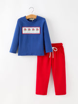 Christmas Santa Boys Blue Long Sleeve Shirt And Red Pants Set - Rylee Faith Designs - Flyclothing LLC