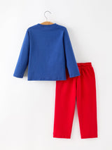 Christmas Santa Boys Blue Long Sleeve Shirt And Red Pants Set - Rylee Faith Designs - Flyclothing LLC