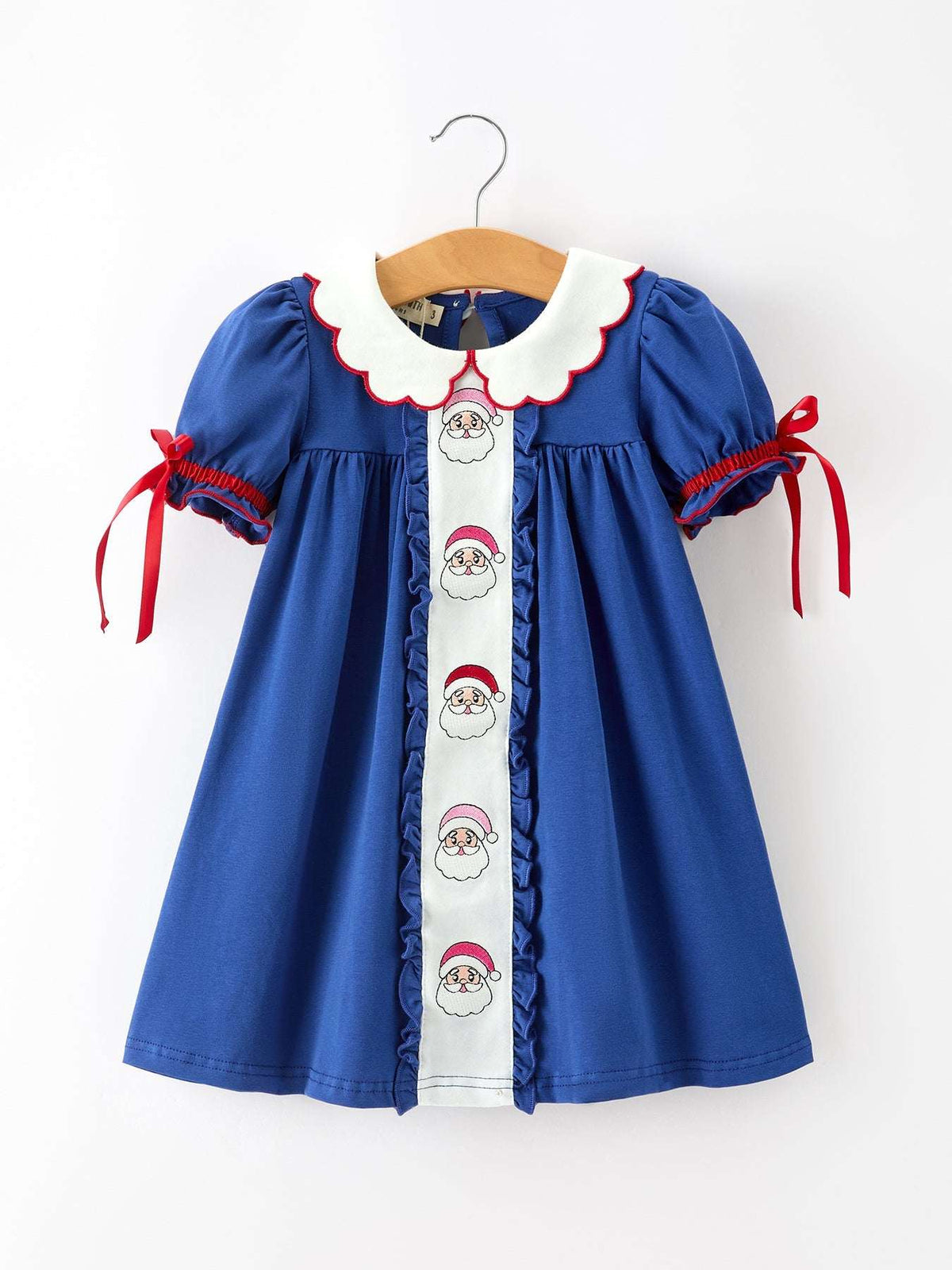 Christmas Santa Embroidery Blue Petal Collar Dress - Rylee Faith Designs - Flyclothing LLC