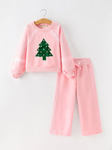 Christmas Tree Appliqué Girls Pink Sweatshirt And Pants Set - Rylee Faith Designs - Flyclothing LLC