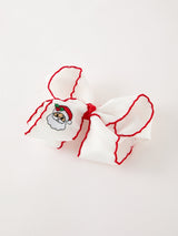 Girls' Christmas Santa Embroidered 6.25" Hair Bow – White/Pink - Rylee Faith Designs - Flyclothing LLC