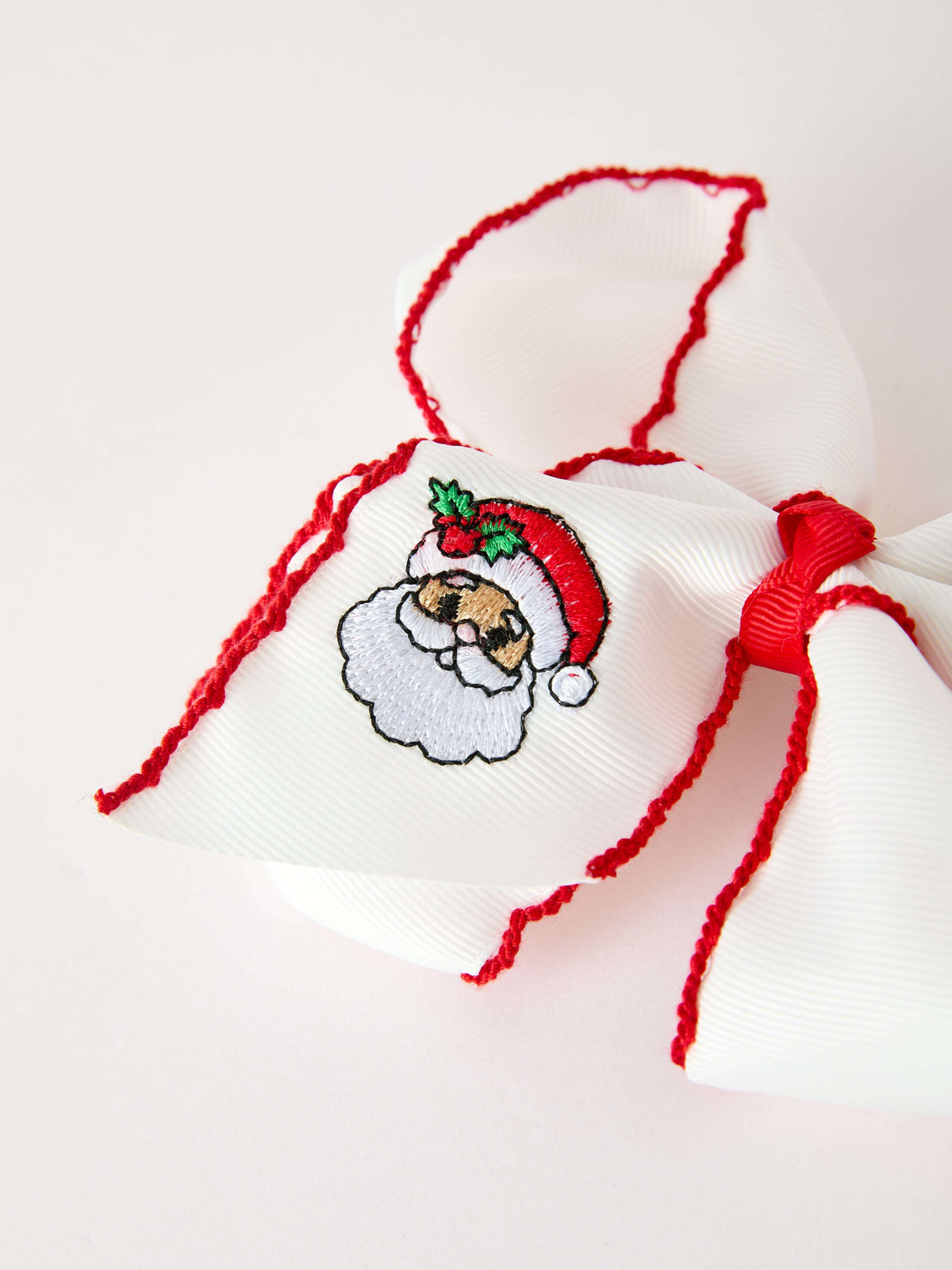 Girls' Christmas Santa Embroidered 6.25" Hair Bow – White/Pink - Rylee Faith Designs - Flyclothing LLC