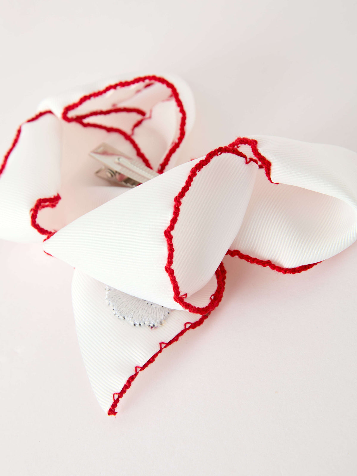 Girls' Christmas Santa Embroidered 6.25" Hair Bow – White/Pink - Rylee Faith Designs - Flyclothing LLC
