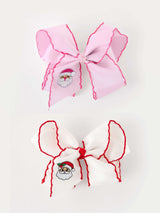 Girls' Christmas Santa Embroidered 6.25" Hair Bow – White/Pink - Rylee Faith Designs - Flyclothing LLC