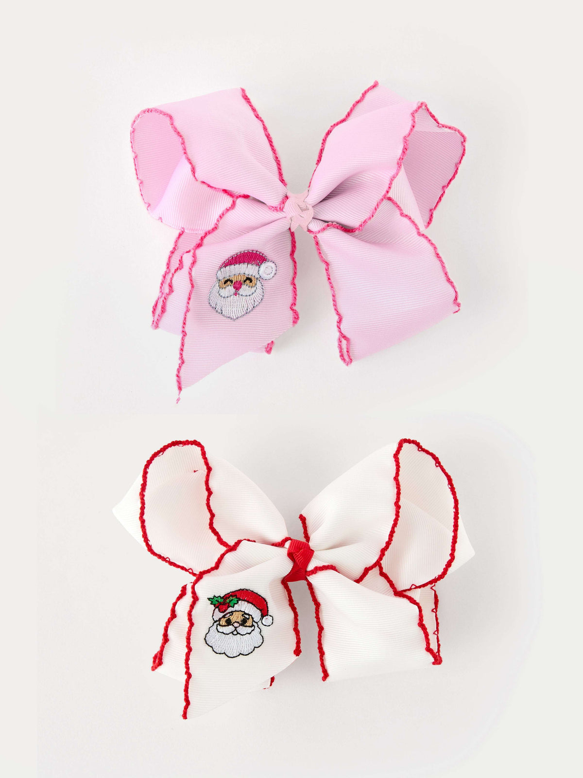 Girls' Christmas Santa Embroidered 6.25" Hair Bow – White/Pink - Rylee Faith Designs - Flyclothing LLC