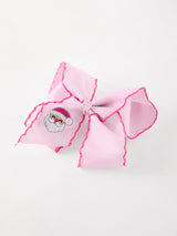 Girls' Christmas Santa Embroidered 6.25" Hair Bow – White/Pink - Rylee Faith Designs - Flyclothing LLC
