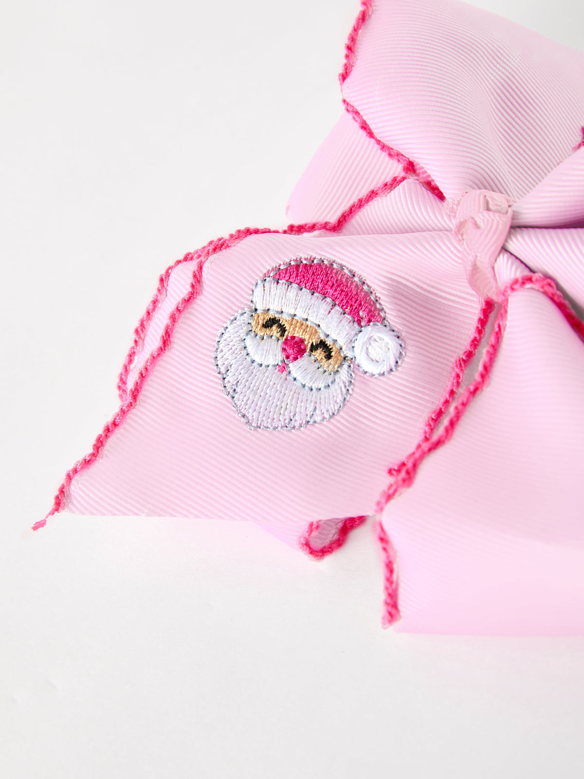 Girls' Christmas Santa Embroidered 6.25" Hair Bow – White/Pink - Rylee Faith Designs - Flyclothing LLC