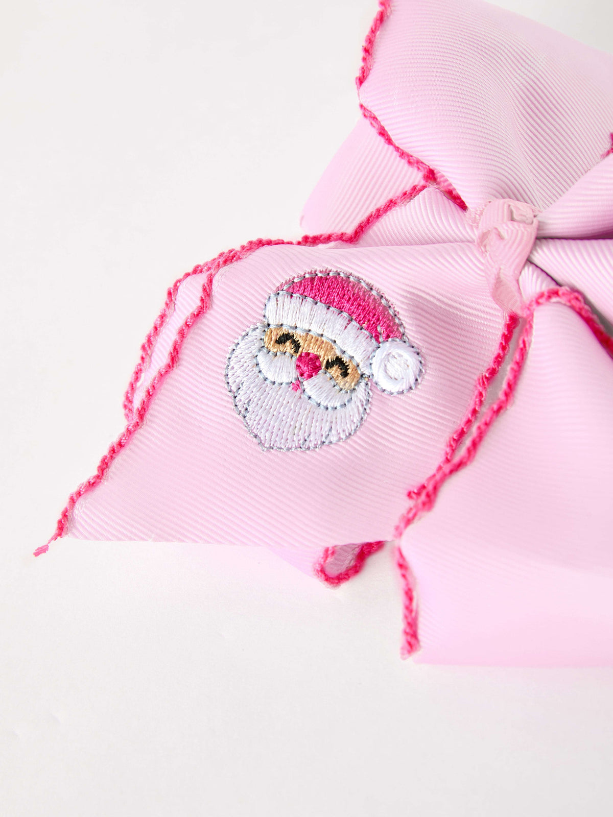 Girls' Christmas Santa Embroidered 6.25" Hair Bow – White/Pink - Rylee Faith Designs - Flyclothing LLC