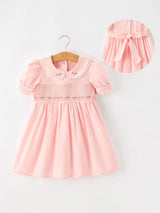 Fall Girls Pink Floral Embroidered Smocked Peter Pan Collar Dress