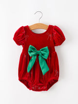 Baby Girls Christmas Red Velvet Rhinestone Bow Bubble Romper - Rylee Faith Designs - Flyclothing LLC
