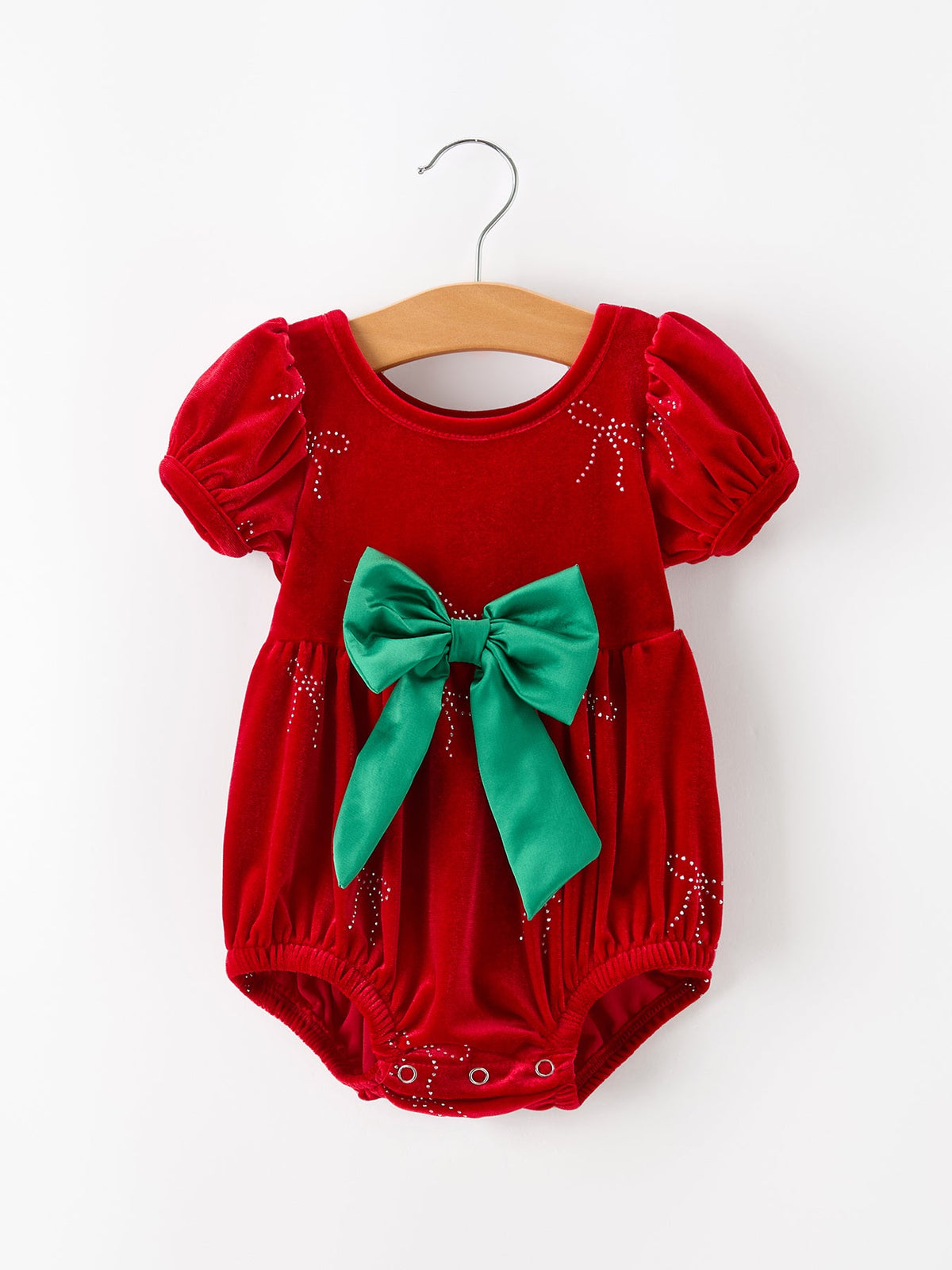 Baby Girls Christmas Red Velvet Rhinestone Bow Bubble Romper - Rylee Faith Designs - Flyclothing LLC