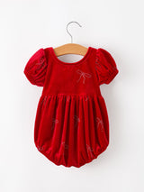 Baby Girls Christmas Red Velvet Rhinestone Bow Bubble Romper - Rylee Faith Designs - Flyclothing LLC