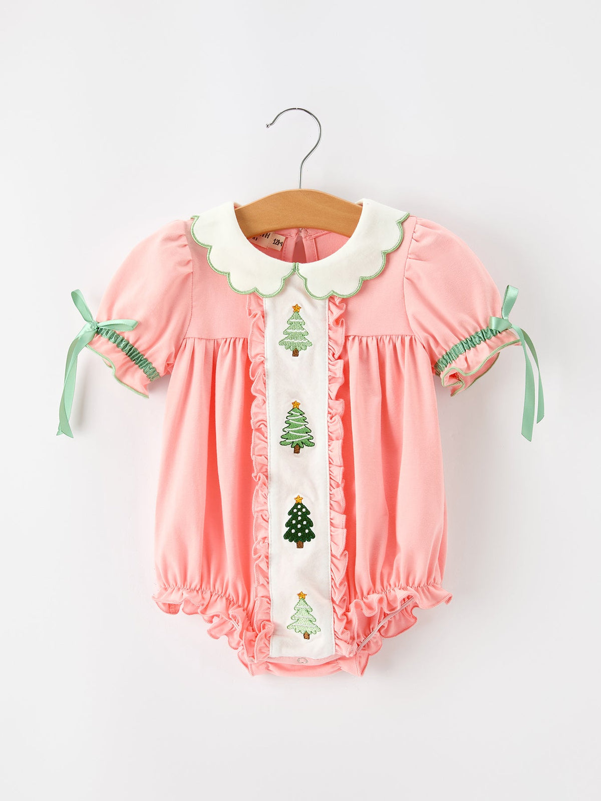 Christmas Baby Girls Pink Christmas Tree Embroidered Ruffle Romper - Rylee Faith Designs - Flyclothing LLC