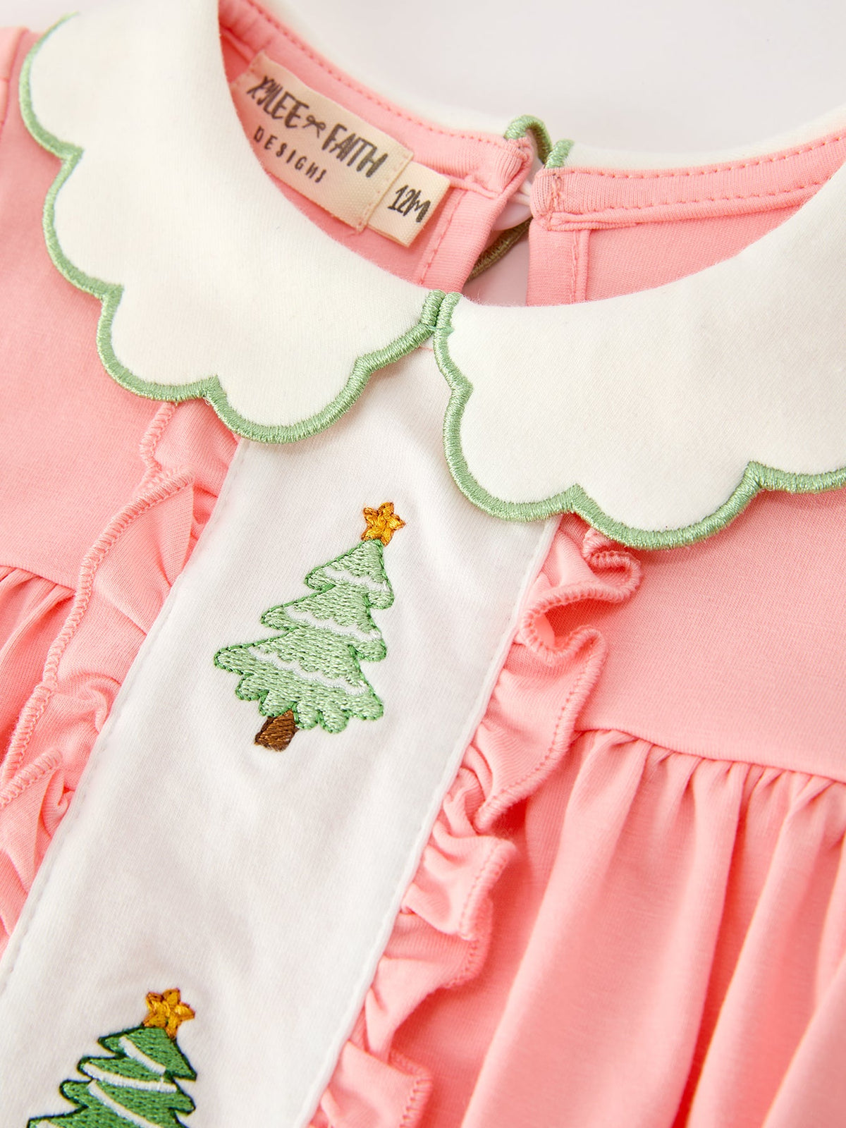 Christmas Baby Girls Pink Christmas Tree Embroidered Ruffle Romper - Rylee Faith Designs - Flyclothing LLC
