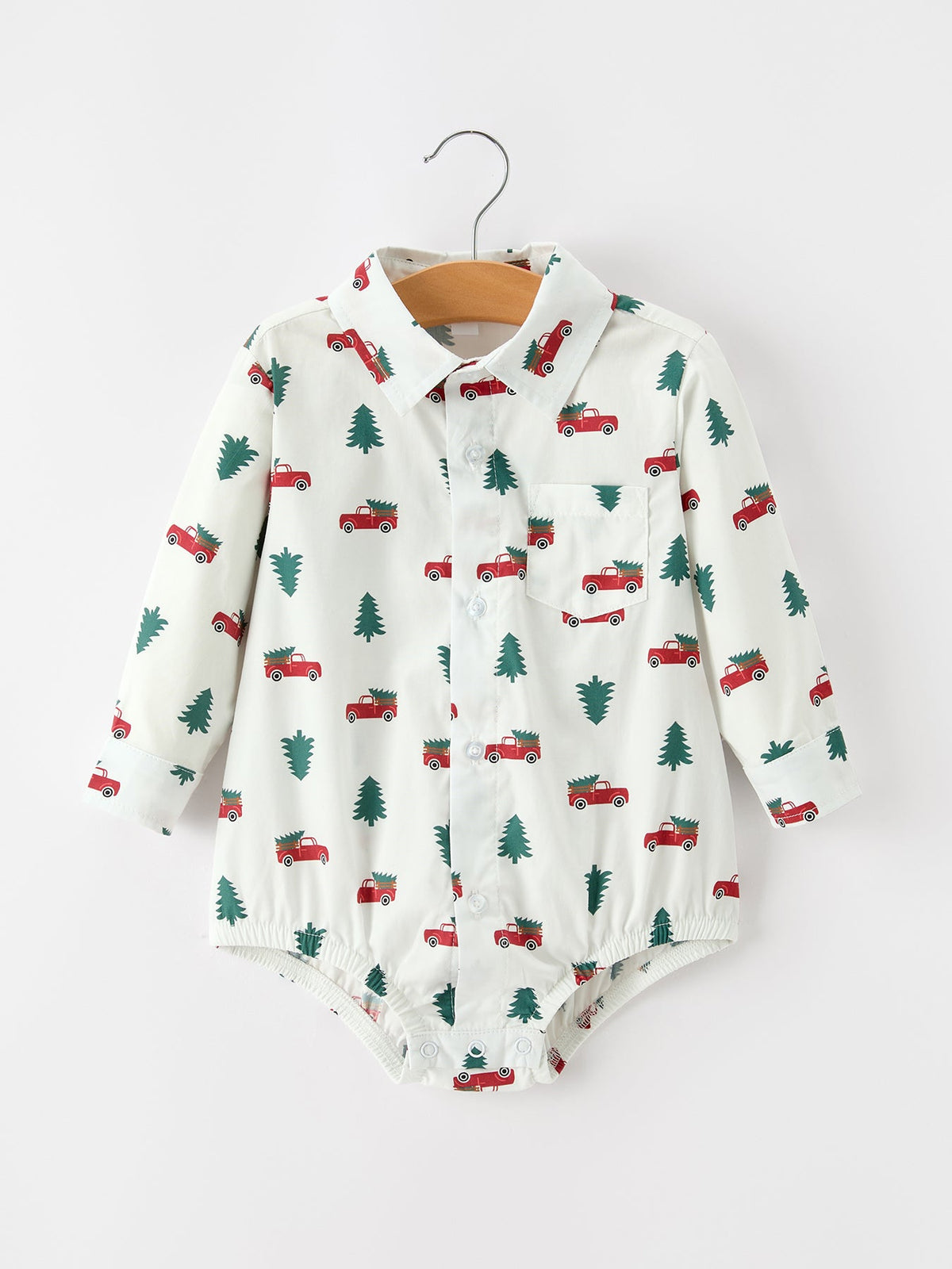 Christmas Baby Boys Christmas Tree Truck Print Long Sleeve Shirt Romper - Rylee Faith Designs - Flyclothing LLC