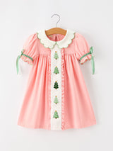 Christmas Girls Pink Christmas Tree Embroidered Ruffle Dress
