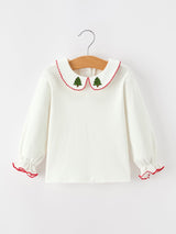 Girls Christmas Tree Embroidered Cotton Top & Corduroy Romper Set