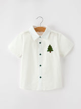 Boys Christmas Tree Embroidered White Short Sleeve Button Down Shirt - Rylee Faith Designs - Flyclothing LLC