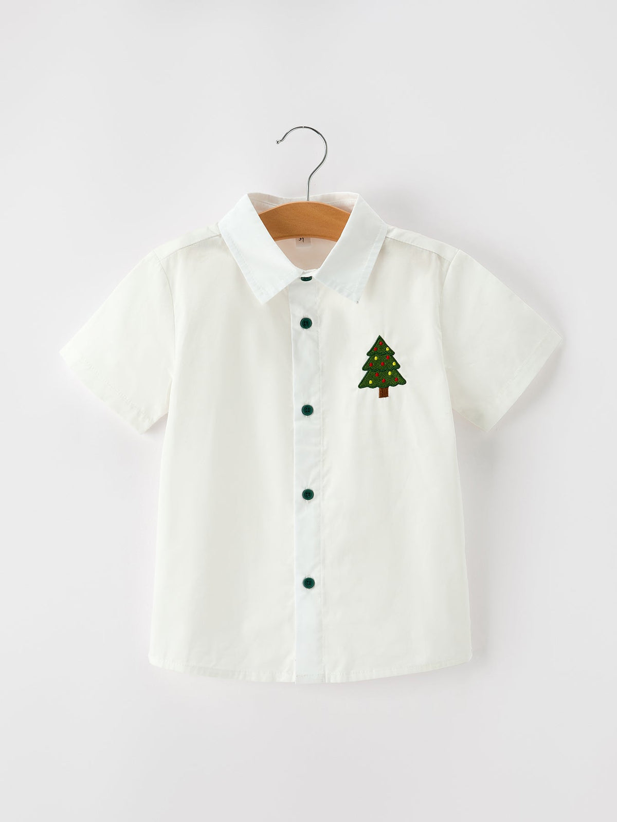 Boys Christmas Tree Embroidered White Short Sleeve Button Down Shirt - Rylee Faith Designs - Flyclothing LLC