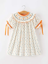 Halloween Pumpkin Smocked Girls Dress Polka Dot Ruffle Sleeve
