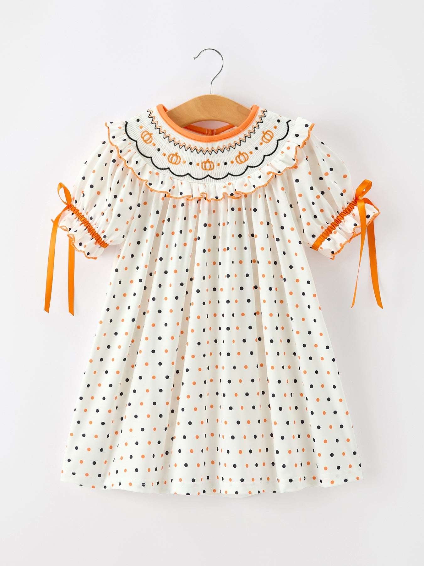 Halloween Pumpkin Smocked Girls Dress Polka Dot Ruffle Sleeve