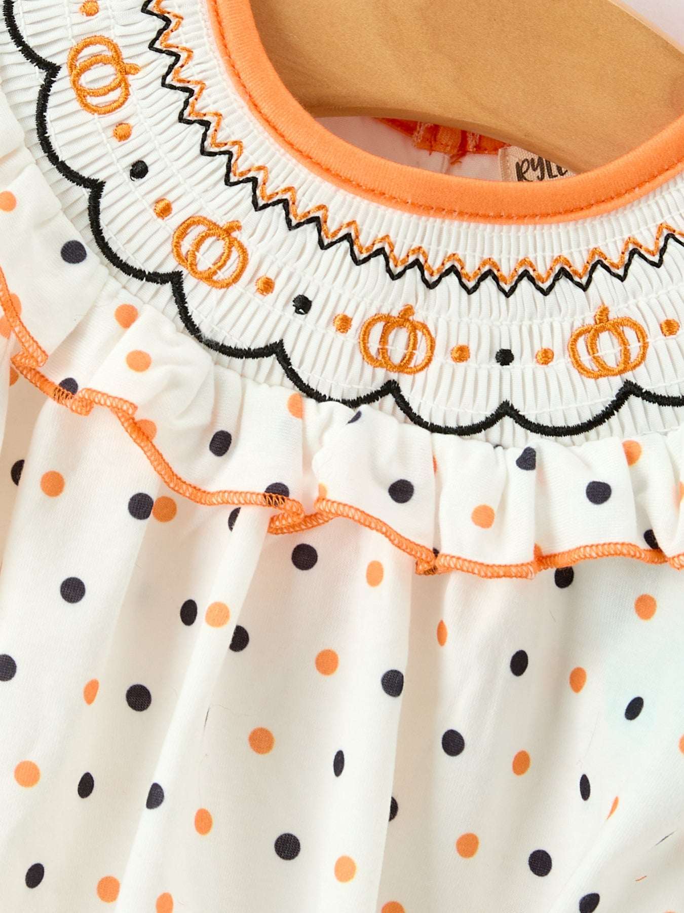 Halloween Pumpkin Smocked Girls Dress Polka Dot Ruffle Sleeve