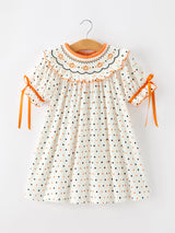Halloween Pumpkin Smocked Girls Dress Polka Dot Ruffle Sleeve - Rylee Faith Designs - Flyclothing LLC