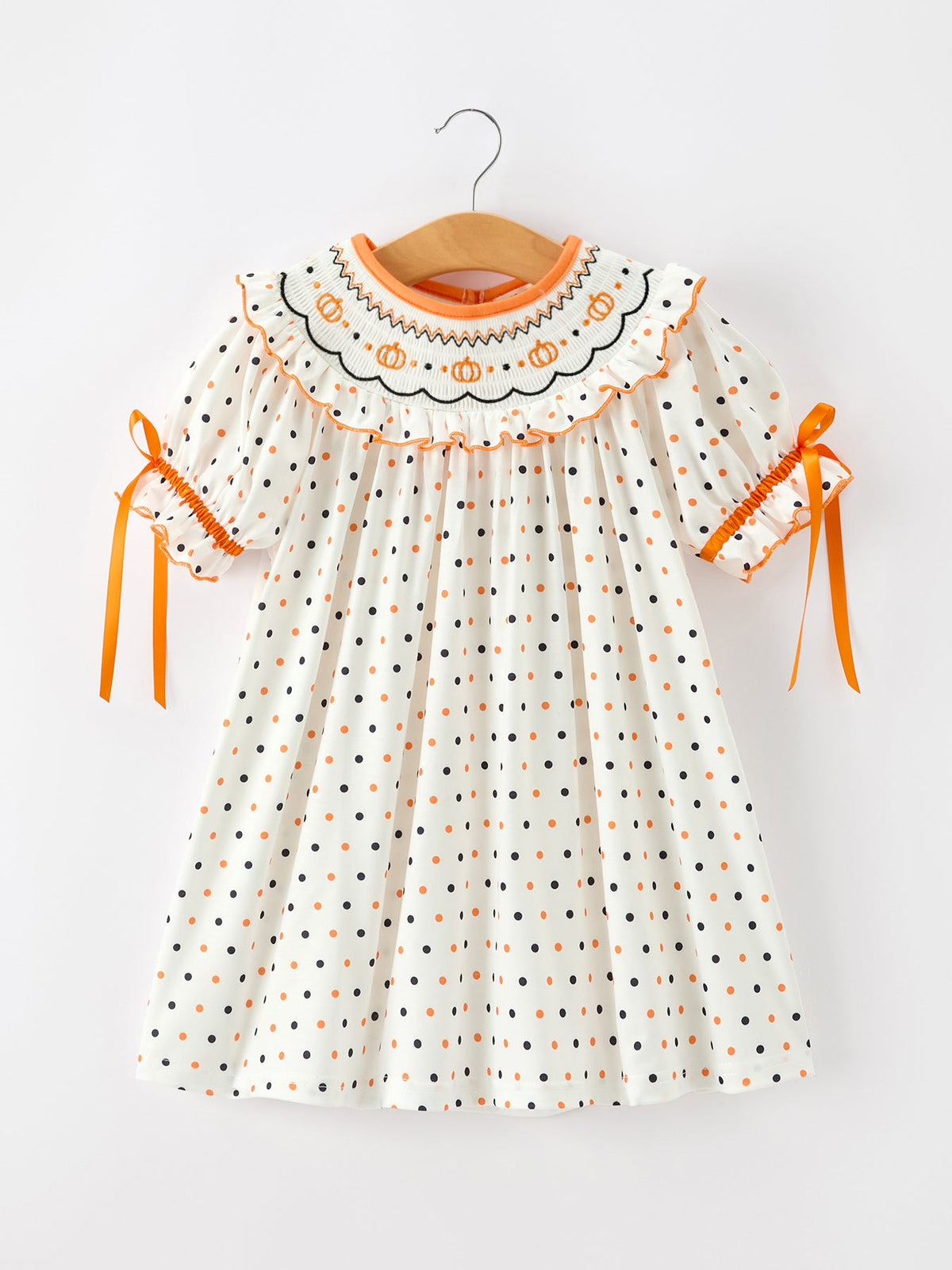 Halloween Pumpkin Smocked Girls Dress Polka Dot Ruffle Sleeve - Rylee Faith Designs - Flyclothing LLC