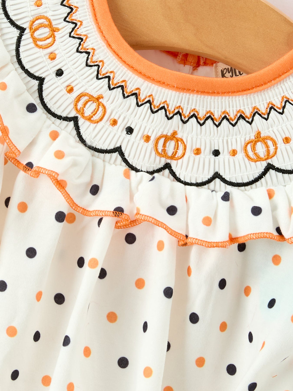 Halloween Pumpkin Smocked Girls Dress Polka Dot Ruffle Sleeve - Rylee Faith Designs - Flyclothing LLC