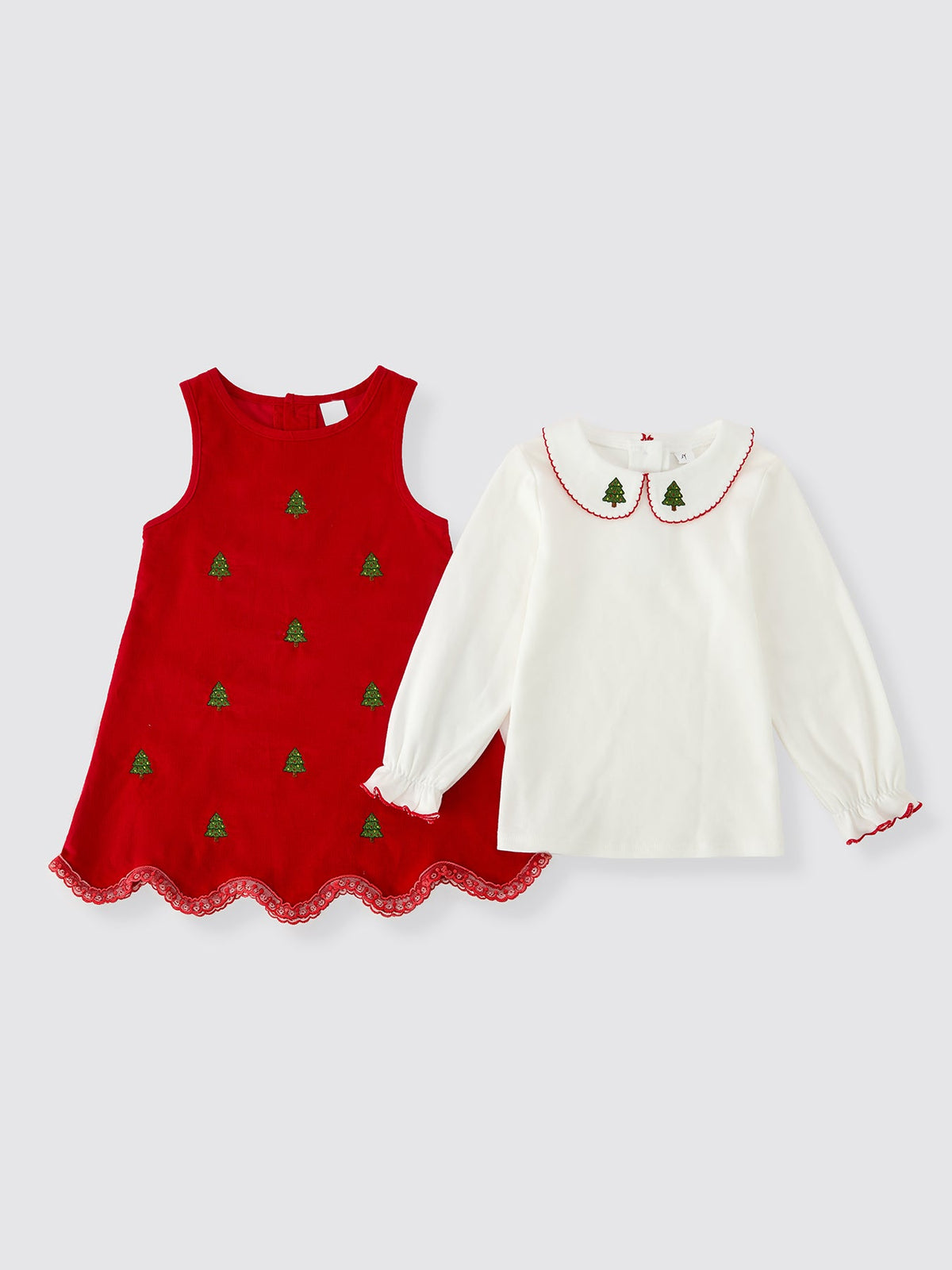 Girls Christmas Tree Embroidered Corduroy Dress & Cotton Top Set