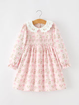 FALL Girls Pink Floral Embroidered Collar Smocked Dress