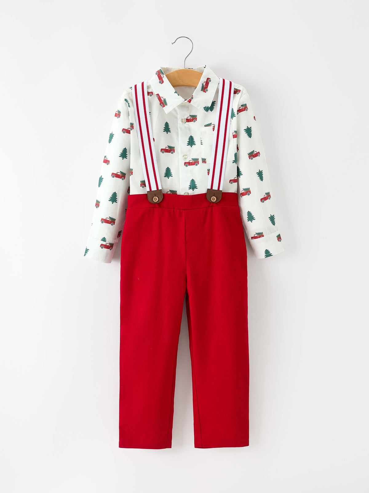 Christmas Boys Christmas Tree Truck Print Shirt & Red Suspender Pants Set - Rylee Faith Designs - Flyclothing LLC
