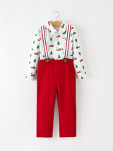 Christmas Boys Christmas Tree Truck Print Shirt & Red Suspender Pants Set - Rylee Faith Designs - Flyclothing LLC