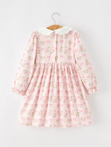 FALL Girls Pink Floral Embroidered Collar Smocked Dress