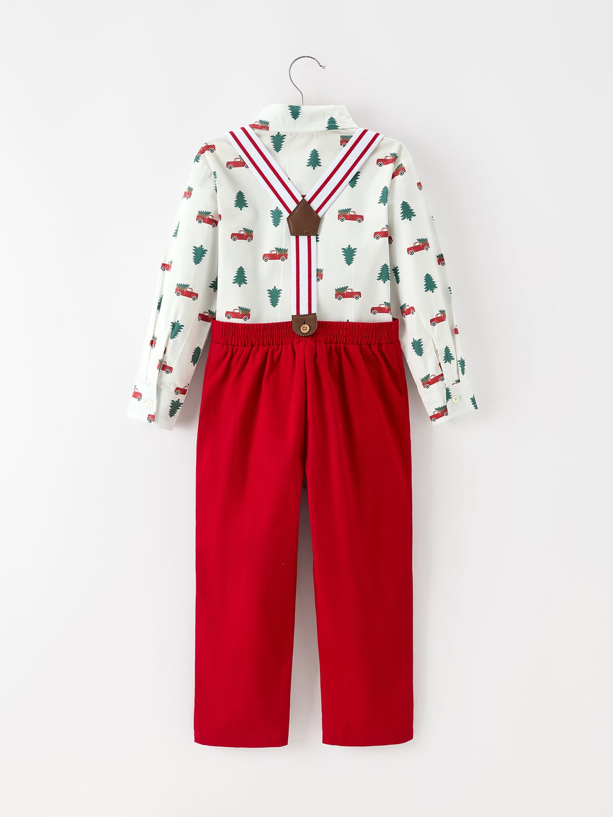 Christmas Boys Christmas Tree Truck Print Shirt & Red Suspender Pants Set - Rylee Faith Designs - Flyclothing LLC