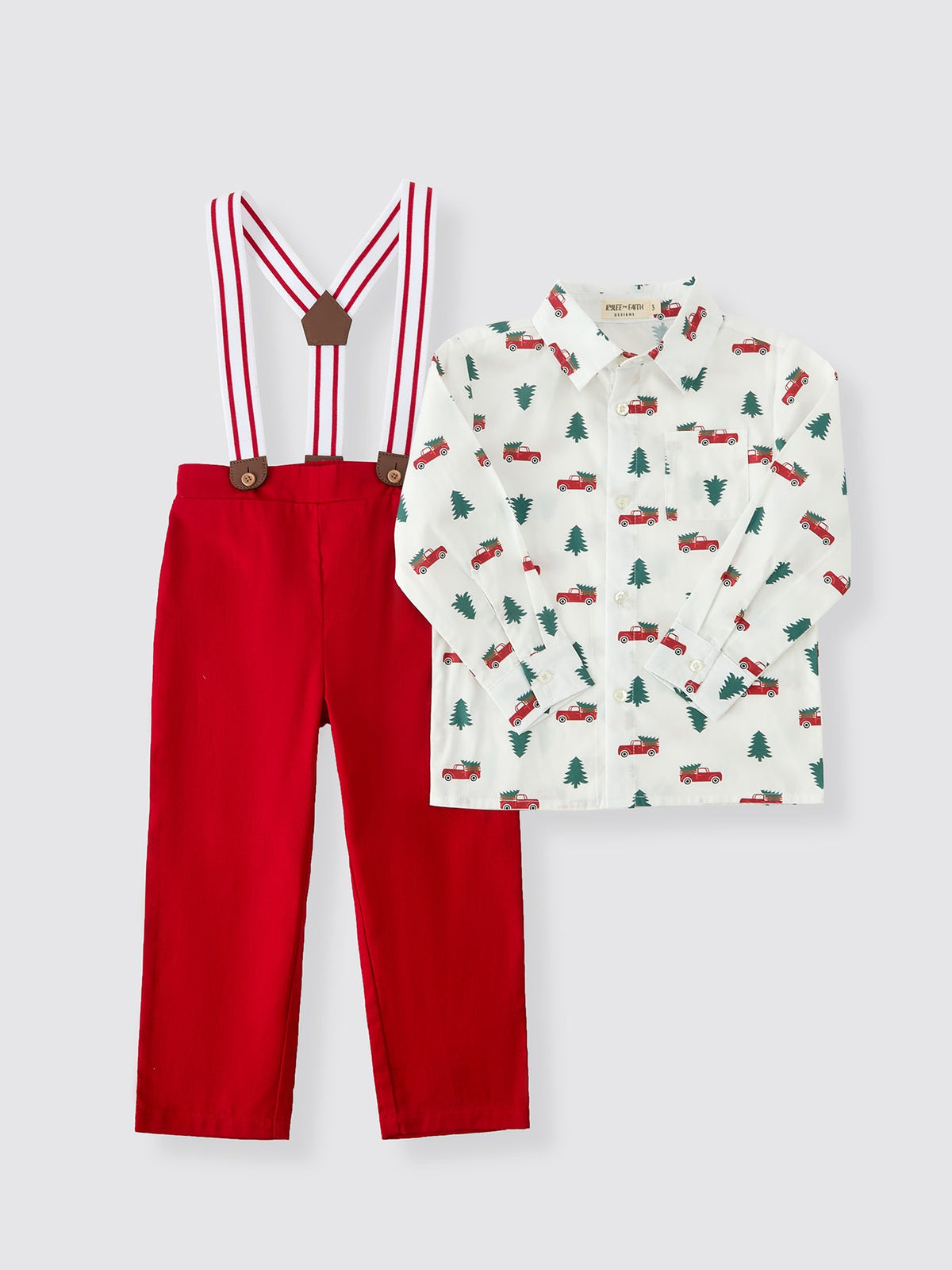 Christmas Boys Christmas Tree Truck Print Shirt & Red Suspender Pants Set - Rylee Faith Designs - Flyclothing LLC