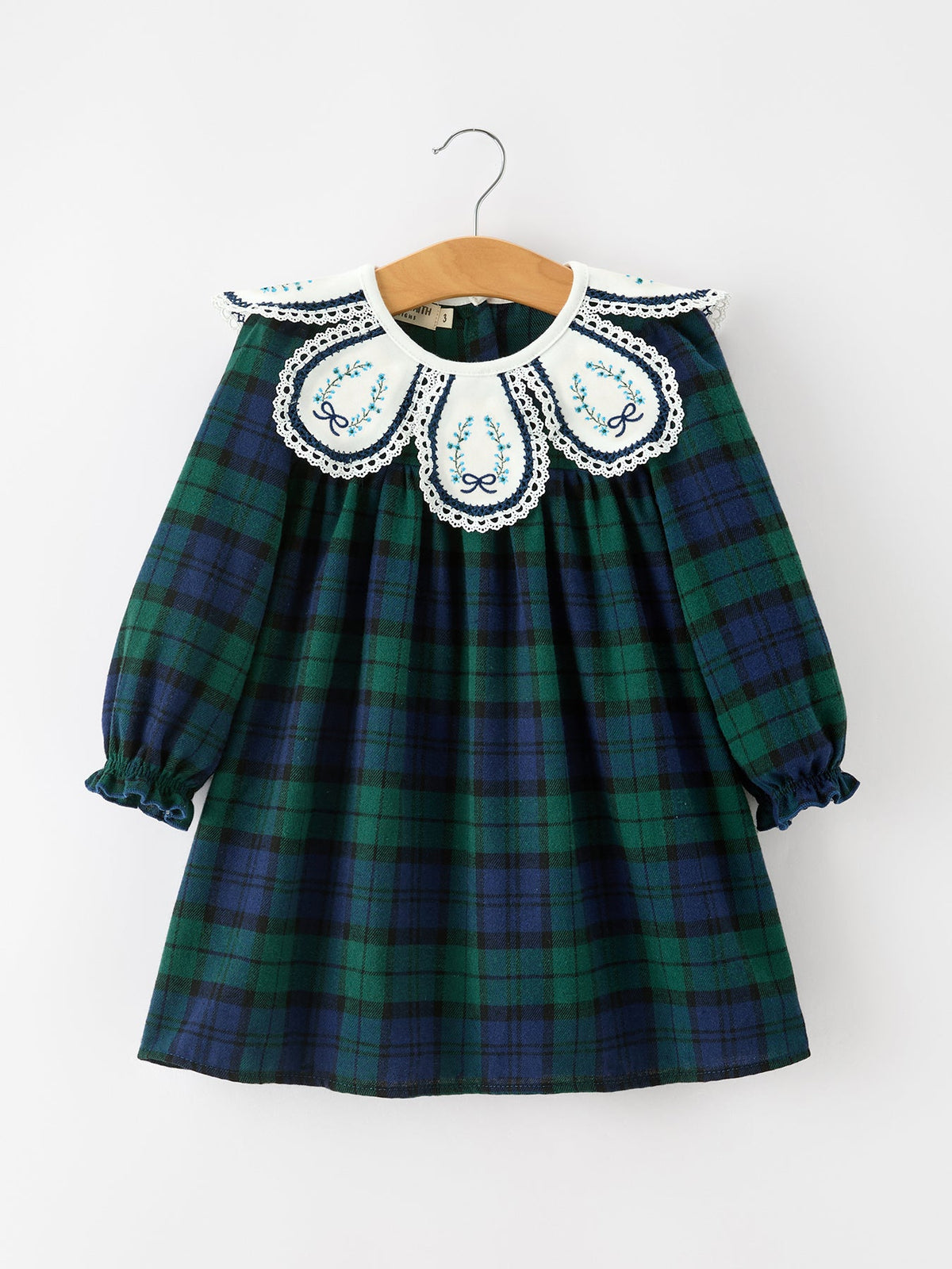 Christmas Girls Green & Navy Plaid Embroidered Collar Dress - Rylee Faith Designs - Flyclothing LLC