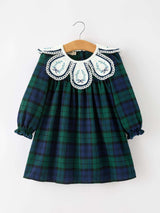 Christmas Girls Green & Navy Plaid Embroidered Collar Dress - Rylee Faith Designs - Flyclothing LLC