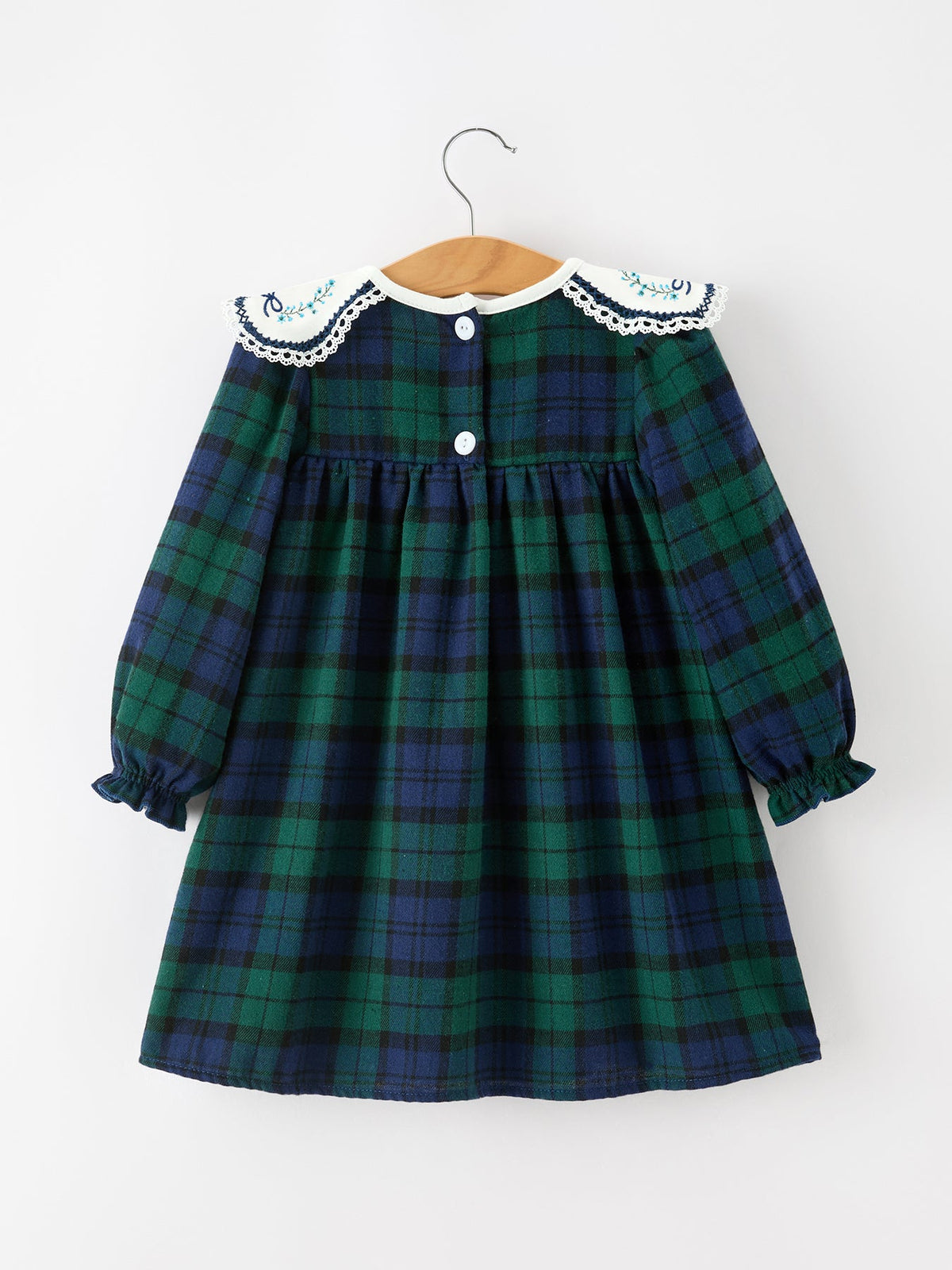 Christmas Girls Green & Navy Plaid Embroidered Collar Dress - Rylee Faith Designs - Flyclothing LLC