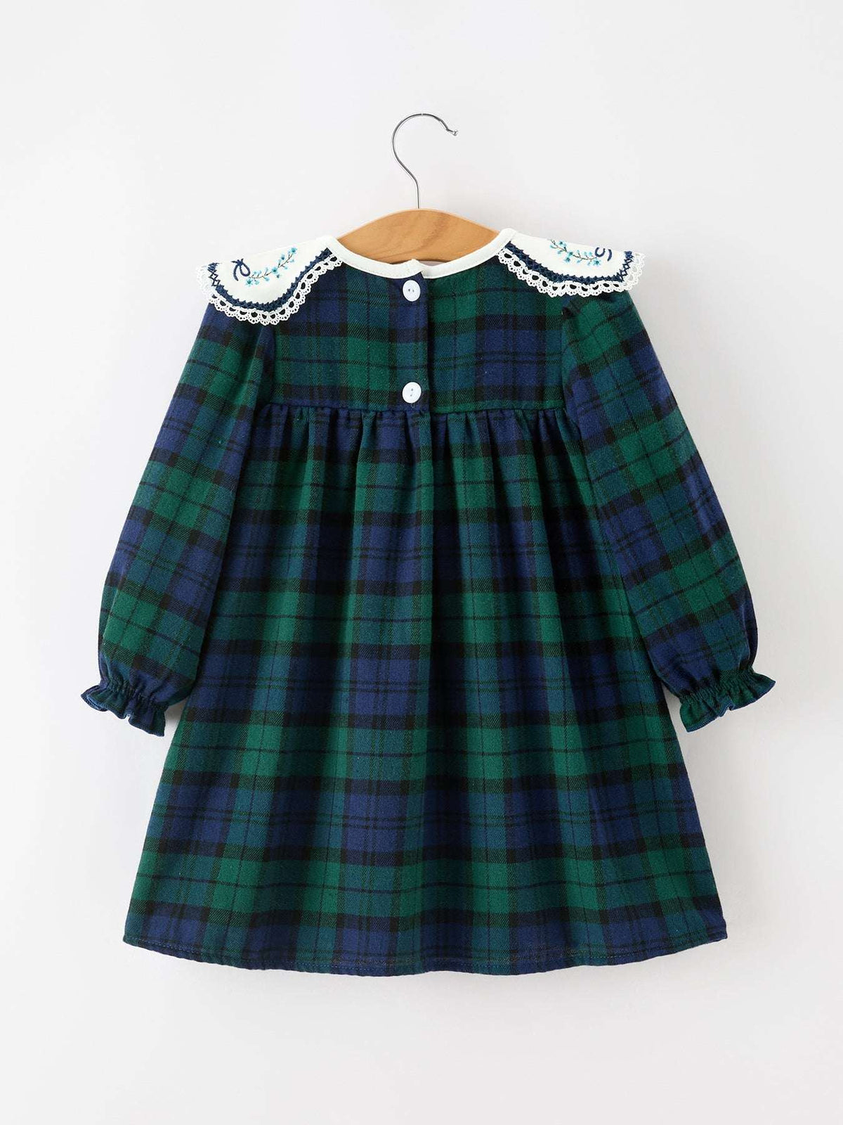 Christmas Girls Green & Navy Plaid Embroidered Collar Dress - Rylee Faith Designs - Flyclothing LLC