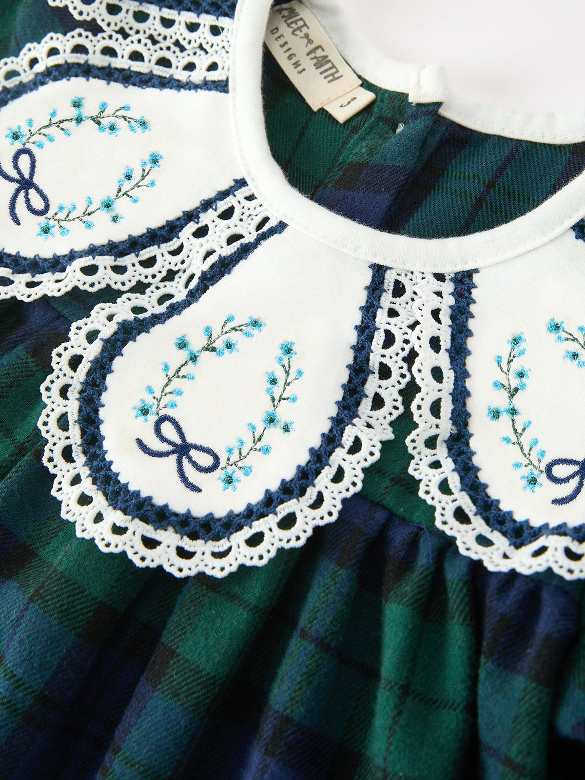 Christmas Girls Green & Navy Plaid Embroidered Collar Dress - Rylee Faith Designs - Flyclothing LLC