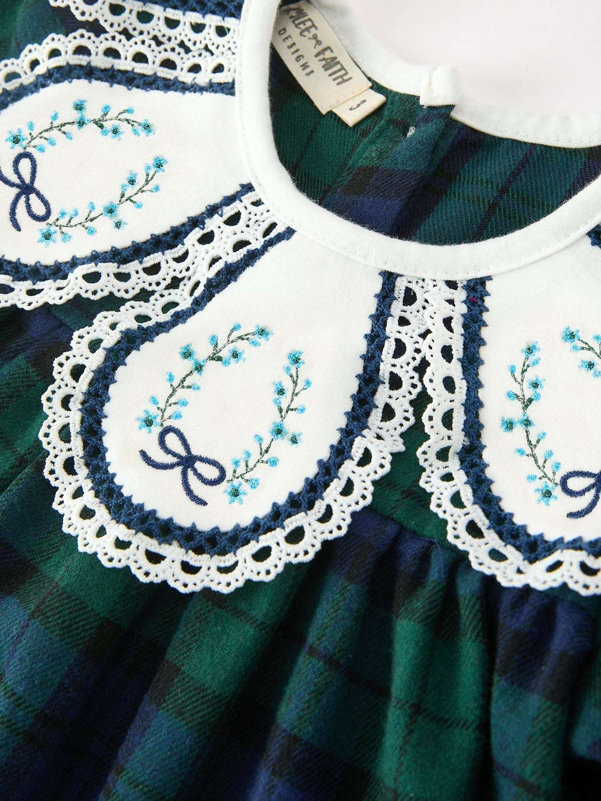 Christmas Girls Green & Navy Plaid Embroidered Collar Dress - Rylee Faith Designs - Flyclothing LLC
