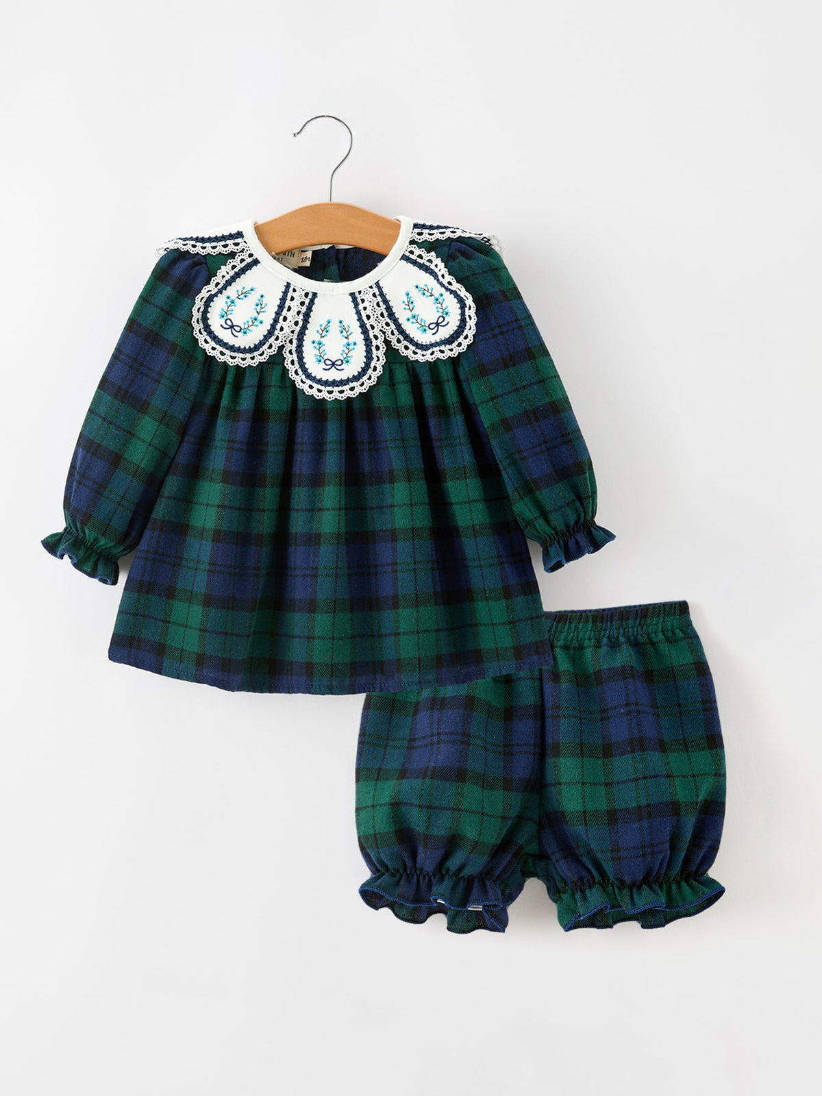 Christmas Girls Green & Navy Plaid Embroidered Bloomer Set - Rylee Faith Designs - Flyclothing LLC