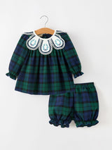 Christmas Girls Green & Navy Plaid Embroidered Bloomer Set - Rylee Faith Designs - Flyclothing LLC