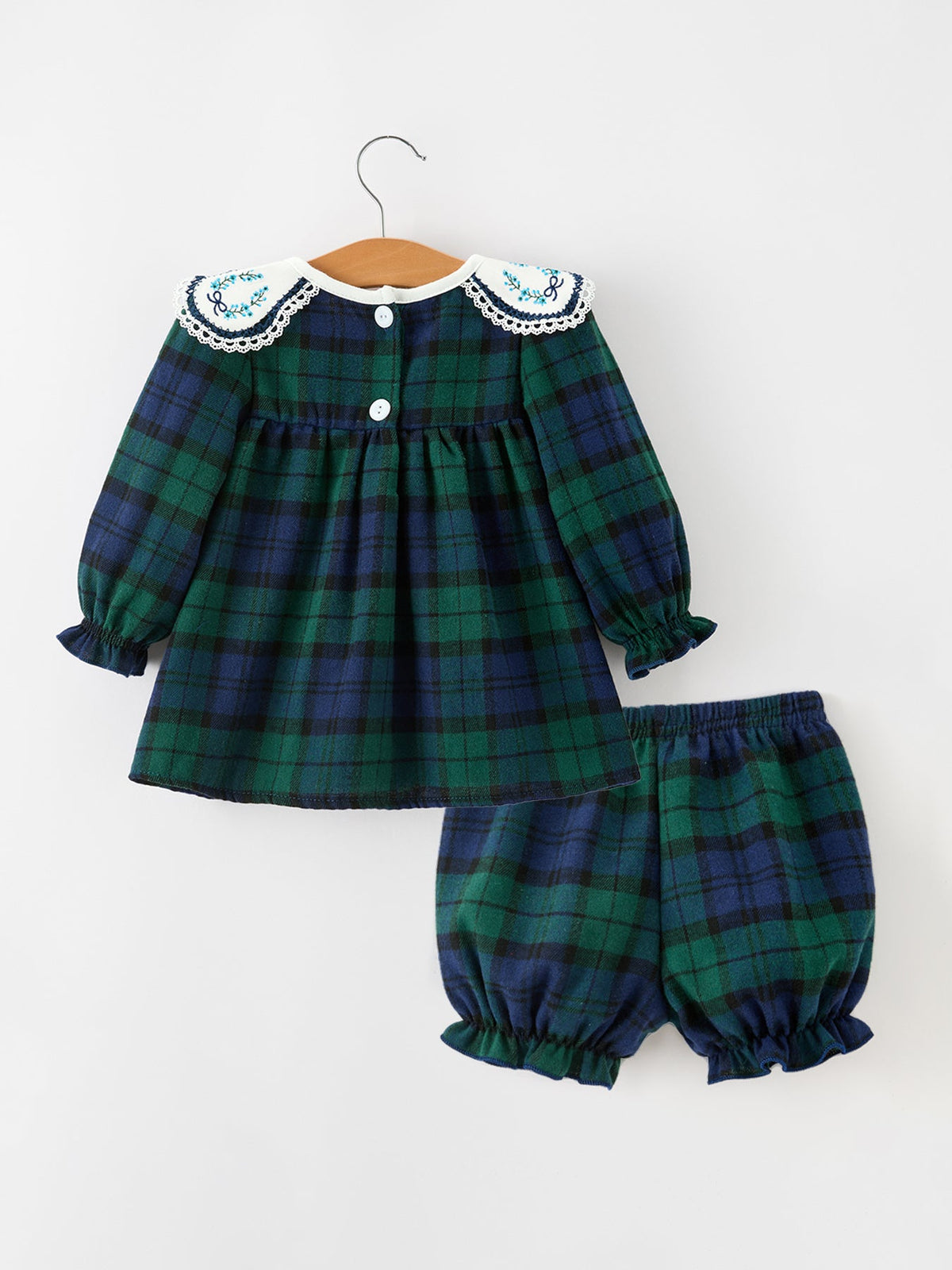 Christmas Girls Green & Navy Plaid Embroidered Bloomer Set - Rylee Faith Designs - Flyclothing LLC