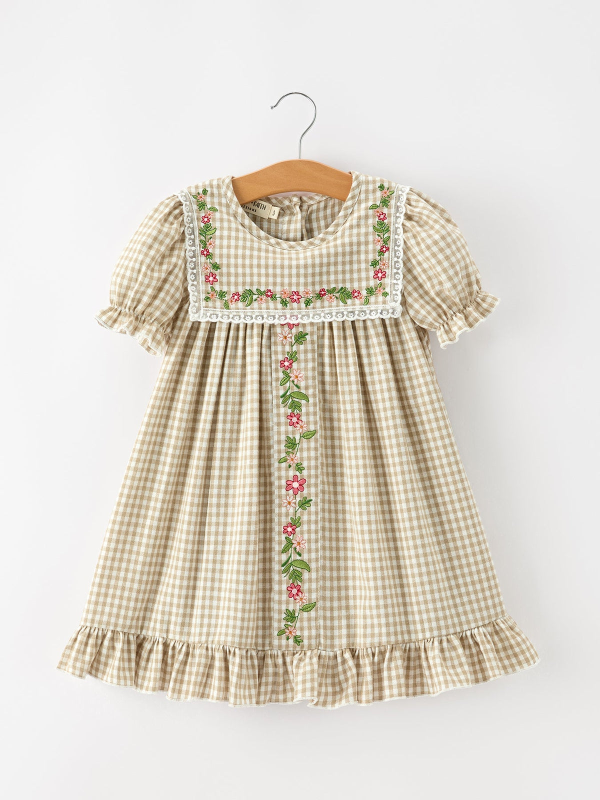 Fall Girls Khaki Plaid Floral Embroidered Dress - Rylee Faith Designs - Flyclothing LLC